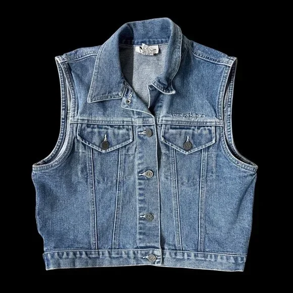Vintage Denim Vest Sleeveless Jacket Small Blue Cotton NY Jeans Hong Kong Y2K - Picture 2 of 8